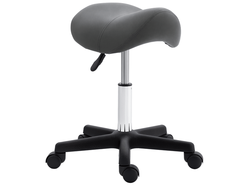  Tabouret à roulettes avec assise en forme de selle réglable en hauteur et pivotant à 360 degrés recouvert de similicuir gris  - Conforama A