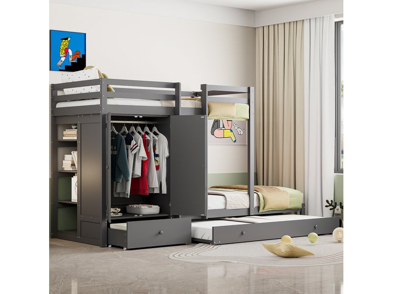  Lit superposé enfant 90 x 200 cm avec lit gigogne, armoire, tiroirs et étagère gris  - Conforama B