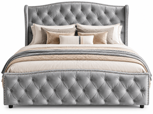 Lit coffre double 160 x 200 cm en velours, lit rembourré avec de rangement hydraulique, lit double avec sommier à lattes et tete de lit capitonné, décor avec boutons,2 personnes, sommier à lattes, chambre adulteado, cadre de lit velours gris -sans matelas