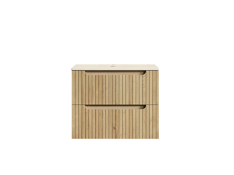  Meuble sous vasque moderne avec plateau en pierre frittée effet travertin pour salle de bain, en contreplaqué, chêne clair  - Conforama E
