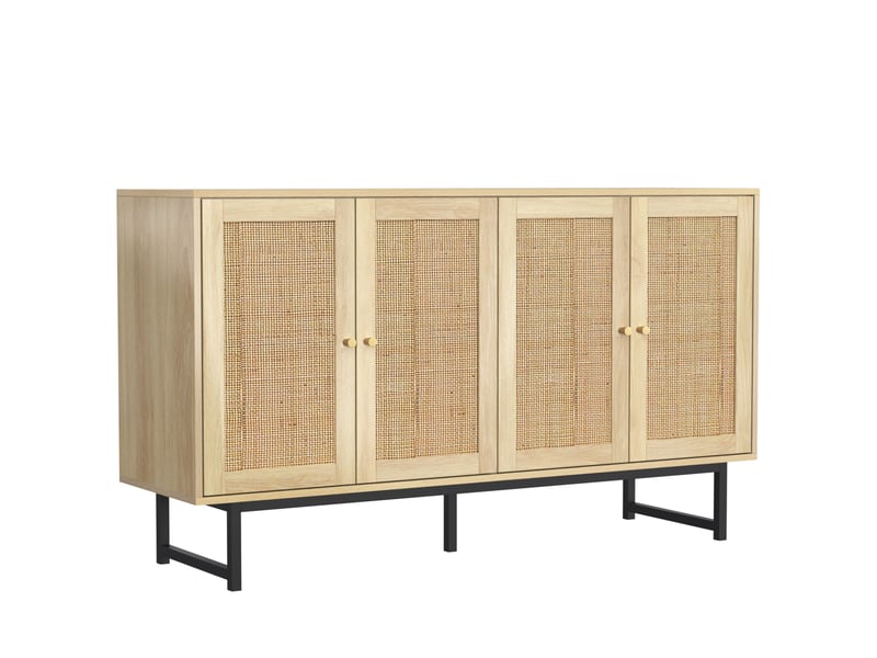  Buffet bas 140x39,5x80 cm bois clair en panneaux de particules, 4 portes, pieds métal noirs, grand rangement  - Conforama D