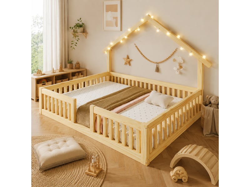  Lit cabane 140x200 cm en mdf et bois de pin avec barrière de sécurité et led naturel chicfurn  - Conforama D