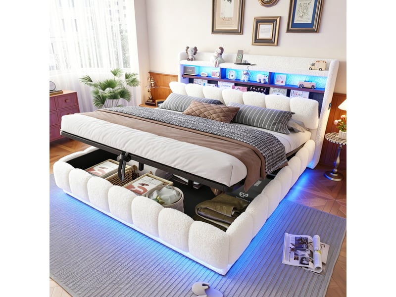  Lit coffre rembourré en tissu bouclé 180x200 cm avec rangement hydraulique, led, ports usb et prise, sommier à lattes métalliques, blanc  - Conforama D