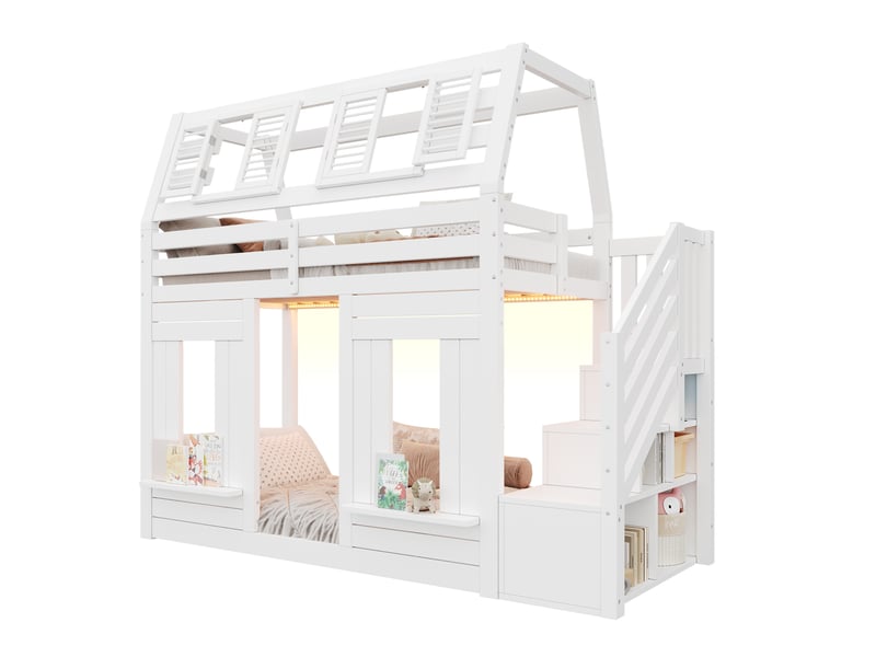 Lit mezzanine 90x200 cm avec led et échelle de rangement, lit cabane enfant avec barrière de sécurité, finition blanc bois, sommier à lattes inclus - Conforama A