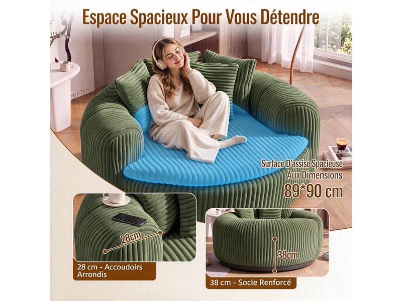 Fauteuil lounge 1 place 145 x 133 x 59 cm en velours côtelé vert, avec assise profonde, accoudoirs et 5 coussins DJ-W3463P5032758-ZMS - Conforama D