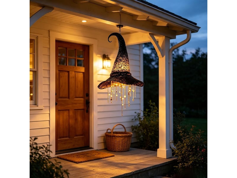 Décoration halloween suspendue, chapeau de sorcière lumineux led à lumière chaude avec étoiles en cascade pour porche et terrasse, court - Conforama C