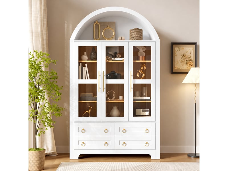 Buffet blanc avec 3 portes vitrées, 4 tiroirs et espace ouvert arrondi, 110 x 40 x 185 cm - Conforama B