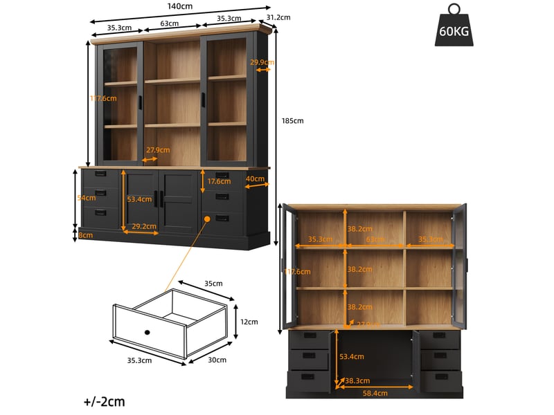 Buffet de cuisine avec 6 tiroirs et portes vitrées, anti-basculement, pour cuisine, salle à manger, 140 × 40 × 185 cm - Conforama E