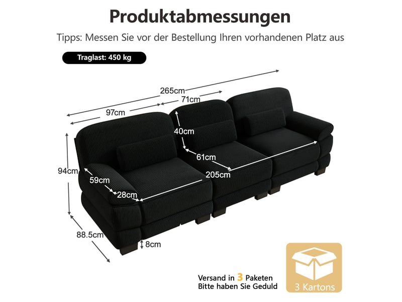  Canapé droit modulable 3 places en velours côtelé noir 265x88,5x94 cm  - Conforama C
