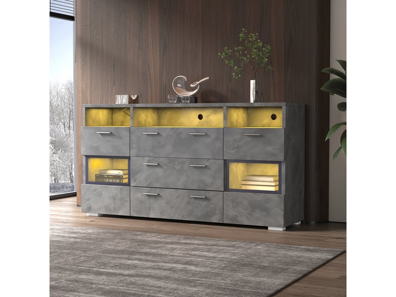  Buffet avec 2 portes 3 tiroirs et 3 niches, led, pour salon, panneaux de particules, gris, 140×33.5×72.5 cm  - Conforama B