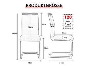 Lot de 4 chaises cantilever,42x54x100 cm, charge 120 kg, simili cuir, noir structure chromée