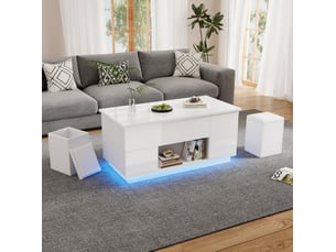 Table basse relevable 100 x 50 x 45 cm blanche avec led et rangements