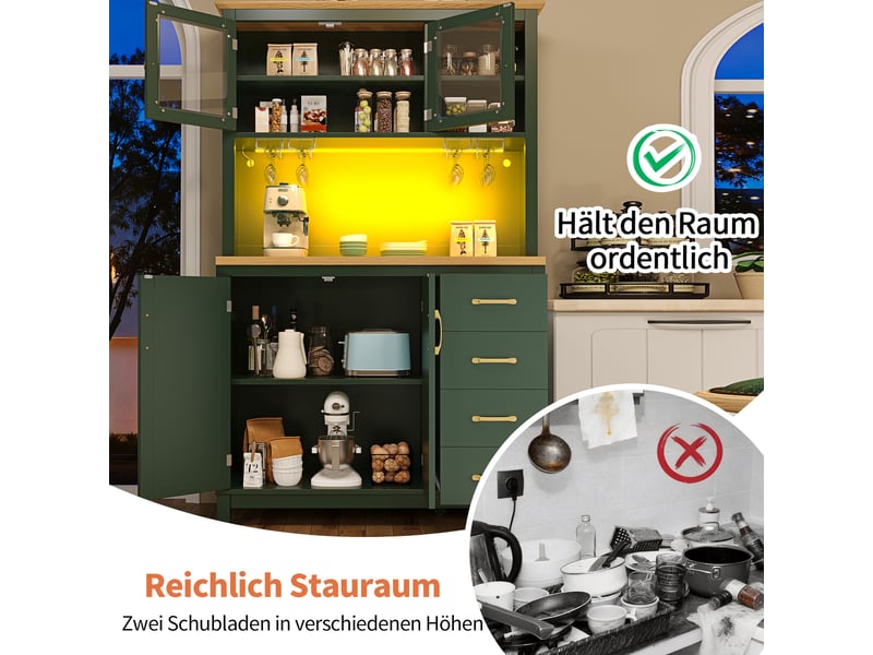 Buffet de cuisine vert, 105,5x40x180 cm, mdf et métal, 4 portes, led réglable et rangements de porte, style campagne - Conforama E