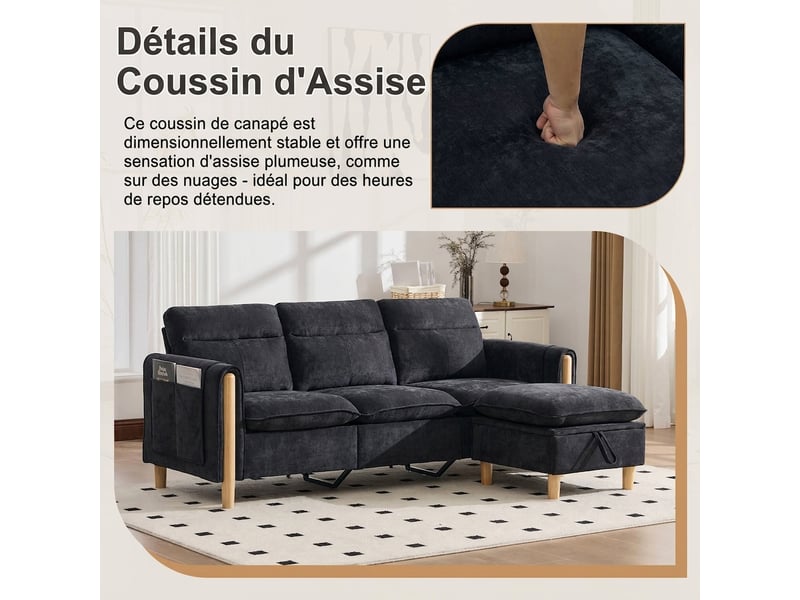  Canapé d'angle 3 places réversible avec rangement 201 cm canapé pour petits espaces en chenille noir  - Conforama W