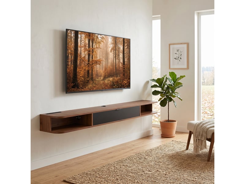  Meuble tv suspendu, meuble télé pour téléviseur jusqu'à 75 pouces, tiroir rabattable, 2 étagères, 180x24x16cm, noyer  - Conforama A
