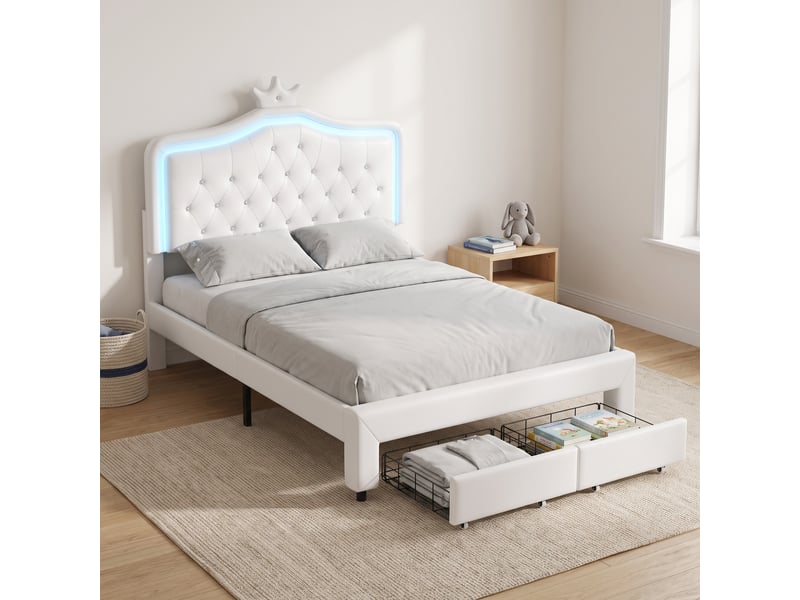  Lit enfant 140x200, lit simple princesse avec tiroir de rangement, tête de lit lumineuse led, capitonnage cristaux et sommier, blanc  - Conforama D