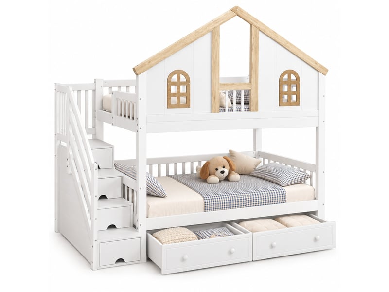 Lit superposé enfant 90 × 200 cm avec escalier de rangement, 2 tiroirs à roulettes et fenêtres, pin et mdf, blanc et naturel - Conforama A