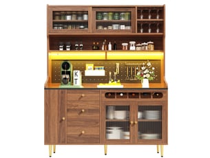 Buffet haut ulevr avec led, 145 x 39 x 171 cm, étagères réglables, tiroir, range-bouteilles, finition couleur noyer