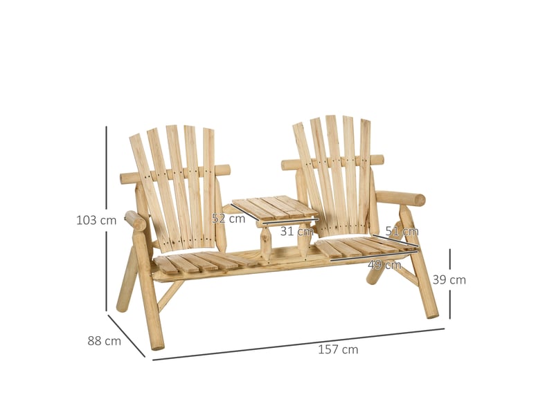  Ensemble banc de jardin pour 2 personnes, table intégrée, bois naturel, 157 x 88 x 103 cm  - Conforama E