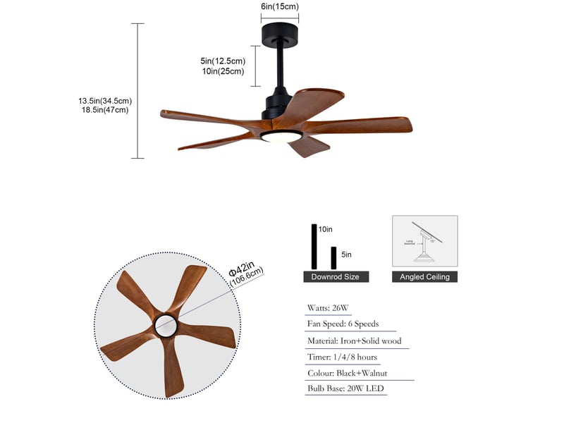  Ventilateur de plafond 107x107x34,5 cm réversible 6 vitesses, éclairage led 3 cct dimmable avec télécommande, 5 pales en bois massif, structure en métal, coloris noyer et noir  - Conforama C