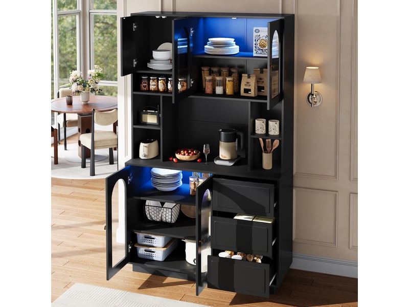  Buffet de cuisine - 106x40x175cm - meuble avec portes arquées en acrylique, led, étagères ajustables et 3 tiroirs - mdf - noir  - Conforama C