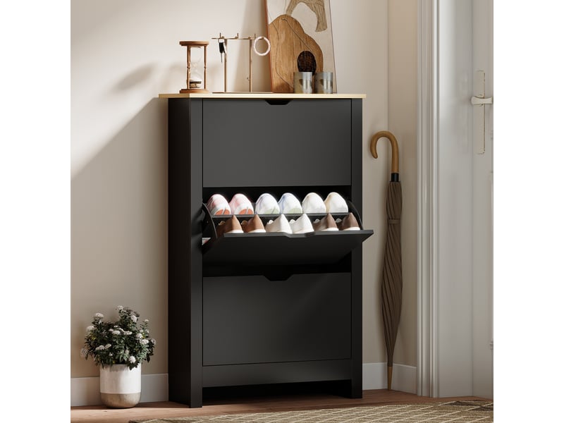  Armoire à chaussures 3 portes abattantes 2 compartiments panneaux particules noir chêne  - Conforama B
