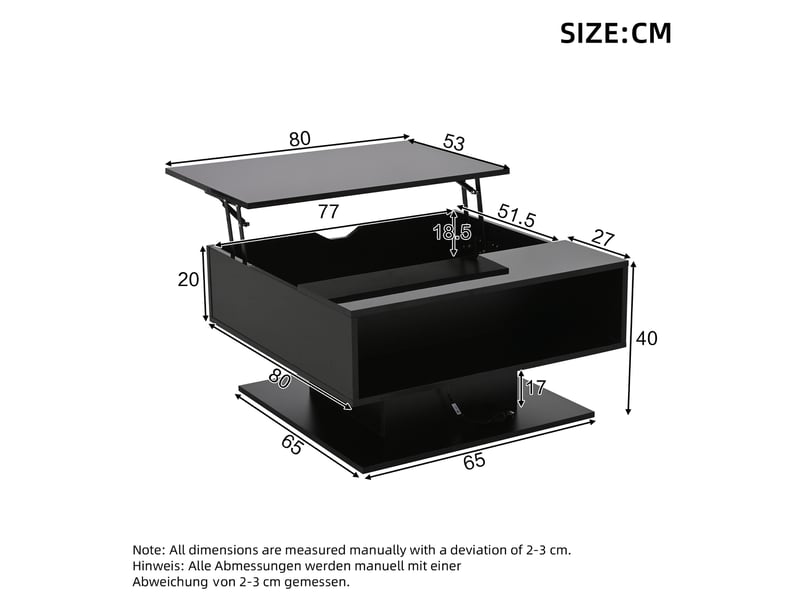  Table basse relevable rectangulaire noir - 77x80 cm led panneau de particules table basse noir - Conforama C