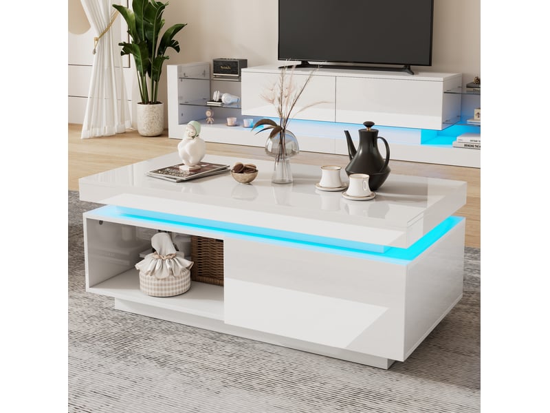  Ensemble meuble tv mural et table basse 181 x 38 x 38 cm – blanc – éclairage led bluetooth et rangement  - Conforama B