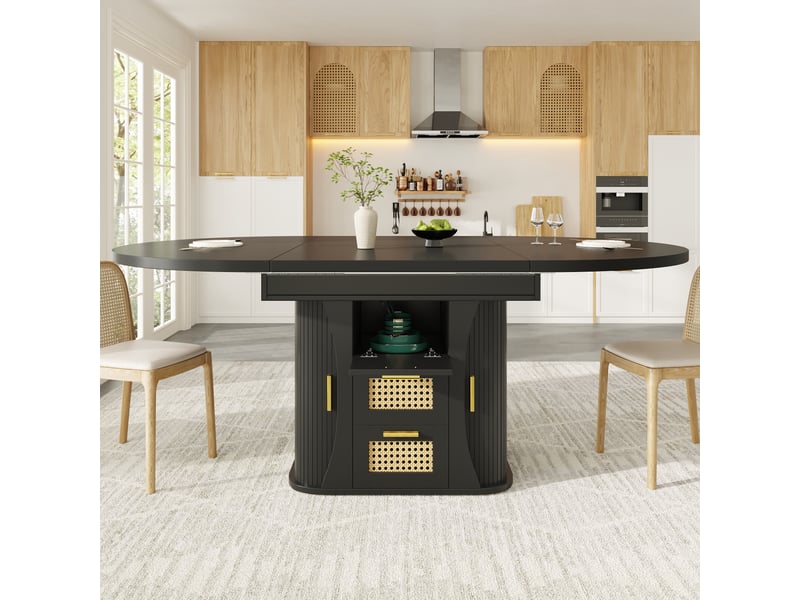  Table de salle à manger extensible 118-158x118x77,1 cm avec rangement intégré, tiroirs rotin et finition bois, mdf, noir Sol Morn - Conforama D