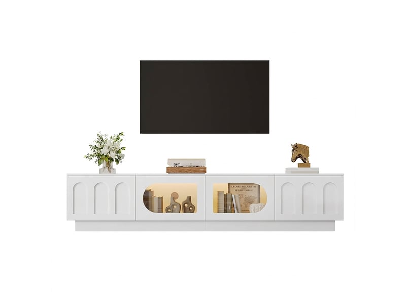 Meuble tv noir 200 cm avec led contrôlée par app et portes en verre ovale - Conforama A