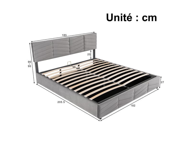  Lit coffre 180x200 - lit double rembourré avec sommier à lattes - velours - sans matelas - gris  - Conforama C