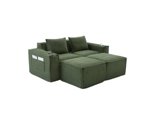 Canapé modulaire 2 places avec 2 poufs et porte-gobelets - lpospi - poches latérales, velours côtelé vert
