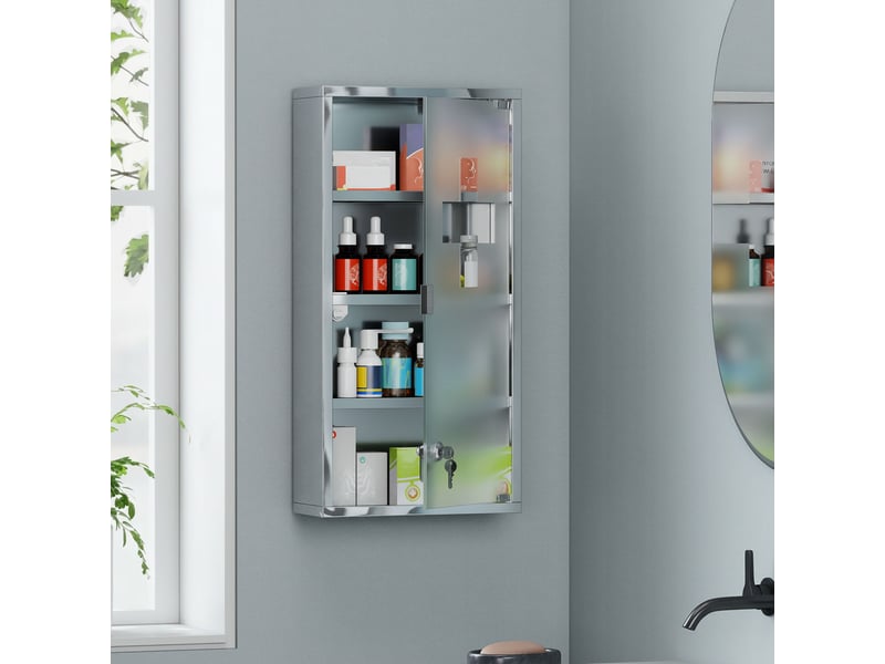 Armoire à pharmacie 3 étagères 4 niveaux 30l x 12l x 60h cm porte verre trempé symbole croix acier brossé inoxydable - Conforama D