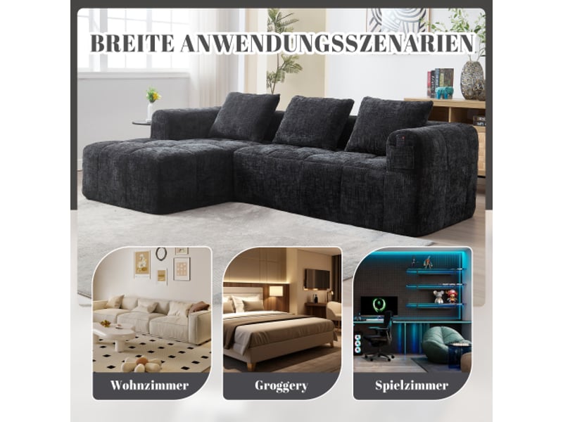  Canapé d’angle en l moderne 3 places noir chenille – méridienne, sans montage, 3 coussins, poche télécommande  - Conforama E
