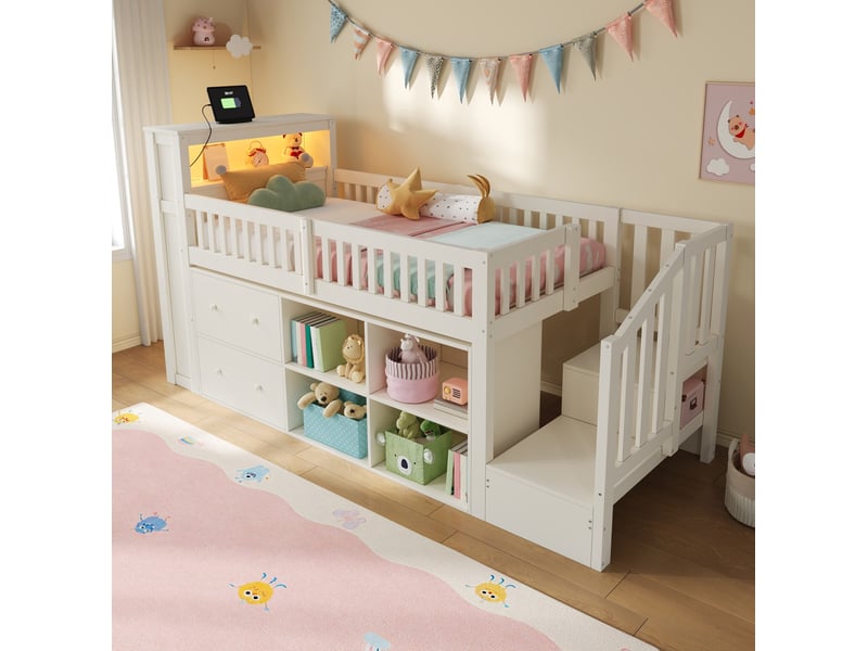  Lit mezzanine enfant 90x200 cm blanc avec bureau, rangements, led et ports usb, pour chambre organisée, sans matelas  - Conforama E