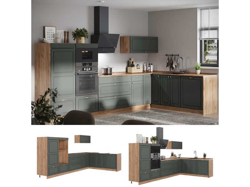  Vicco cuisine en angle, vert or campagnechêne de force doré, 347x51.6cm sans pt  - Conforama D
