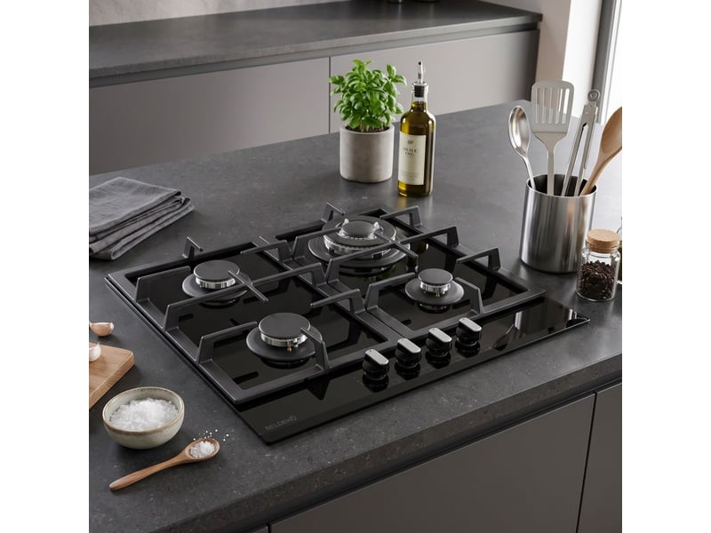  Beldeko - plaque de cuisson gaz verre noir 4 foyers - gaz ville et bouteille - grilles en fonte - 8000 watts  - Conforama B