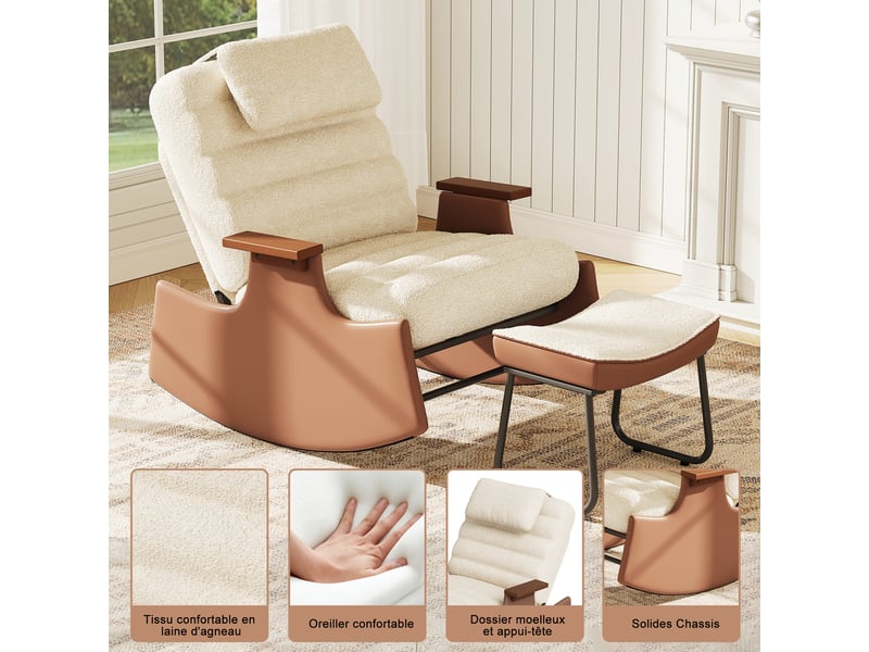  Fauteuil à bascule avec repose-pieds et appui-tête, fauteuil inclinable avec dossier réglable en 3 positions, chaise longue avec base antidérapante, fauteuil à bascule rembourré, beige (laine d'agneau)  - Conforama D