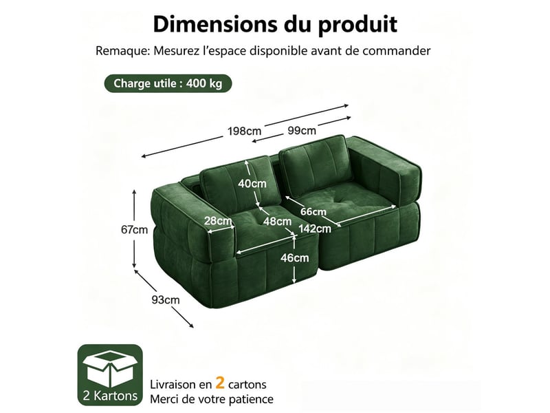  Canapé 2 places modulaire, sans cadre, mousse 32d, assise profonde, revêtement doux, 198×93×67 cm, vert  - Conforama C