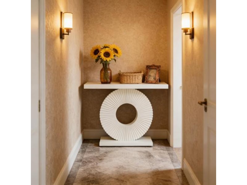  Console d'entrée avec structure métallique, base géométrique et patins réglables pour entrée, salon, en mdf et métal blanc  - Conforama E