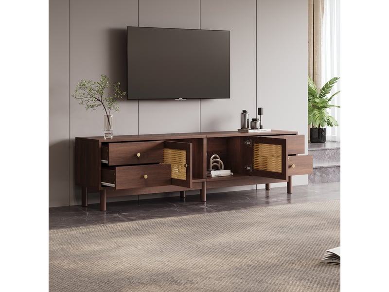  Meuble tv 180 cm bois foncé portes en rotin 4 tiroirs pour écran jusqu'à 80 pouces  - Conforama D