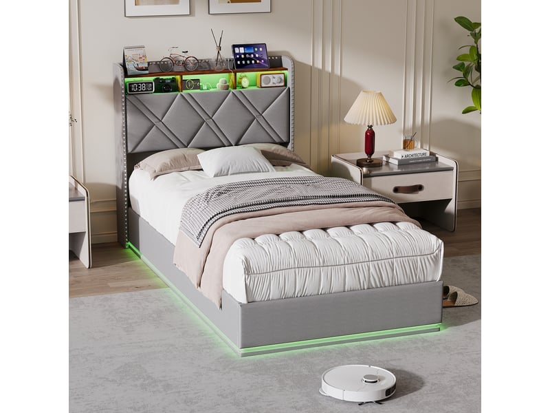  Lit coffre hydraulique 90 x 200 cm-gris foncé - lit simple rembourré en lin avec tête de lit de rangement, led et têtes de clous  - Conforama D