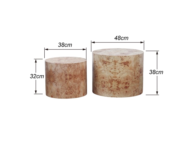 Lot de 2 tables basses gigognes - ø48x38cm et ø38x32cm - tables rondes tambour en bois motif loupe salon - naturel  - Conforama E