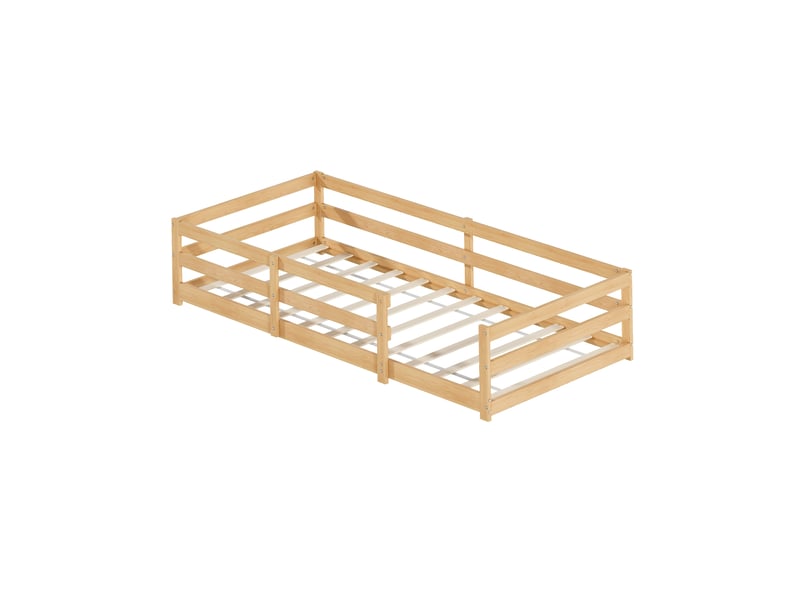 Lit montessori 90x200 cm avec barrière périphérique 40 cm, lit enfant avec sommier à lattes inclus, structure en pin massif naturel OPULERANE TRADING LTD - Conforama A