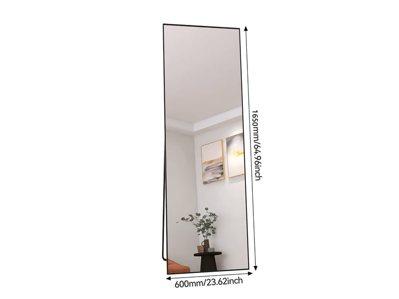 Miroir rectangulaire sur pied 165 cm, pour chambre, dressing, salon, style scandinave, verre trempé, grand miroir avec cadre en métal, noir - Conforama E