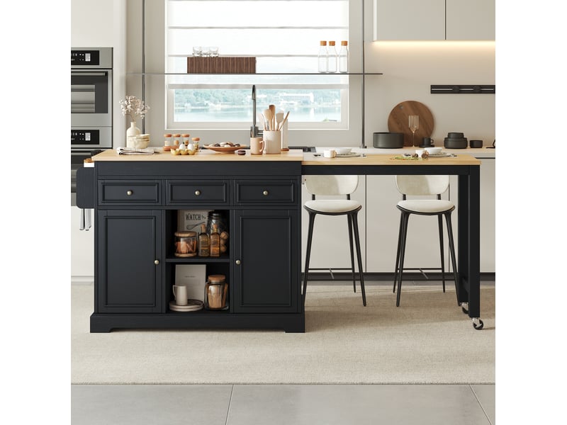  Desserte de cuisine à roulettes avec 3 tiroirs et plan extensible pour cuisine, noir et naturel, 112 × 45 × 92 cm  - Conforama C