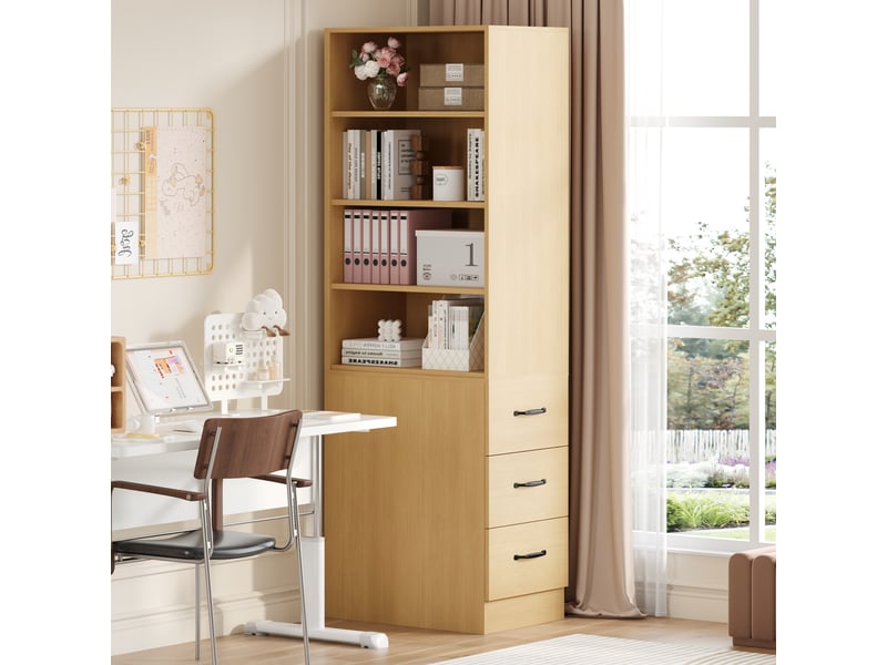  Bibliothèque étroite 180 cm, meuble de rangement avec tiroirs latéraux et étagères réglables, idéal pour petits espaces  - Conforama D