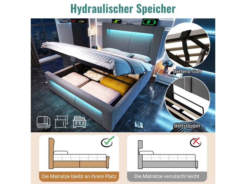  Lit coffre, lit enfant 90x200 cm, rangement hydraulique, led, usbusb-c, tête de lit incurvée, matelas inclus, velours gris  - Conforama R