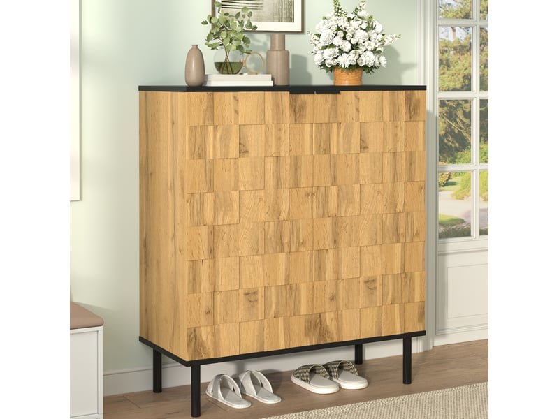  Meuble à chaussures 80x35x91,5 cm, armoire à chaussures avec portes, entrée, effet bois, aggloméré, couleur naturel  - Conforama E