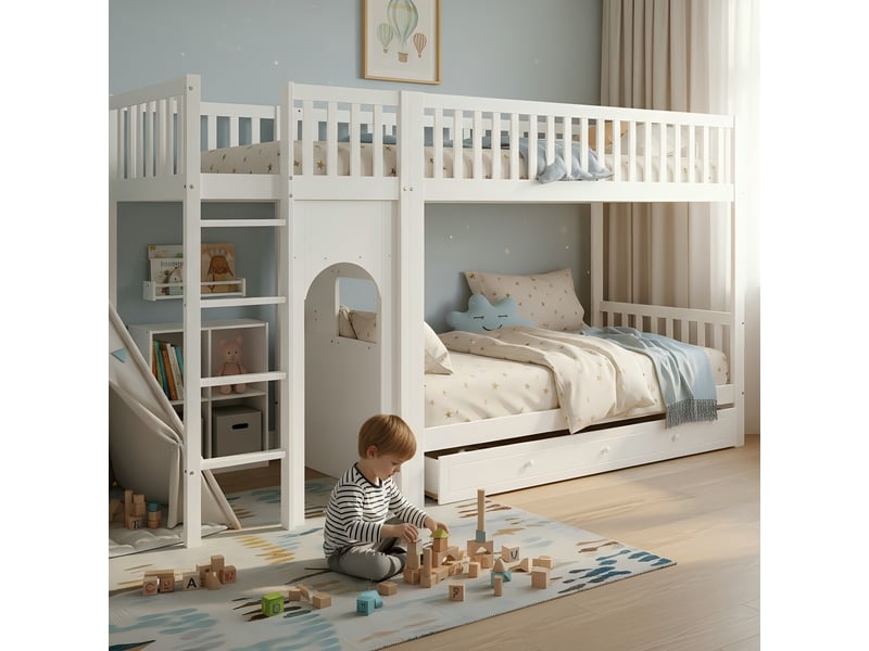 Lit superposé enfant 90x200 cm avec échelle droite 4 marches, lit enfant avec garde-corps 4 côtés, zone personnalisable, pinmdfcontreplaqué, blanc OPULERANE TRADING LTD - Conforama B